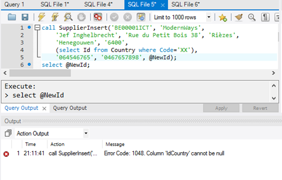 MySQL SupplierInsert NOT NULL IdCountry constraint